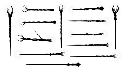 Collection of Magic Wands and Wizard Staffs Silhouettes Isolated on White Background © Afzaal