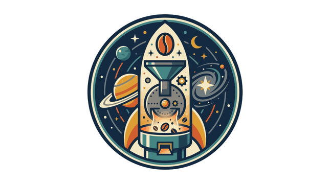 Retro-Modern Cosmic Coffee Roaster Emblem with Rocket, Planets, and Stars