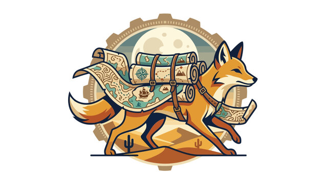 Retro-Modern Desert Fox Explorer with Ancient Maps and Compass Emblem