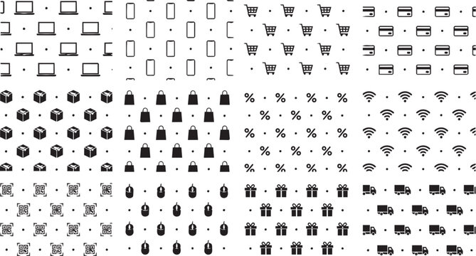 E-commerce shopping icons seamless patterns collection with digital symbols