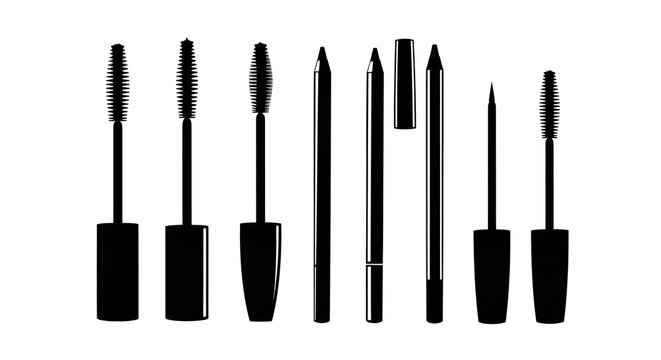 Mascara Wands and Eyeliner Pencils Silhouettes Set on White Background