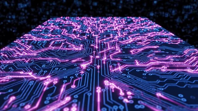 Electronic circuit board with glowing blue and pink paths.