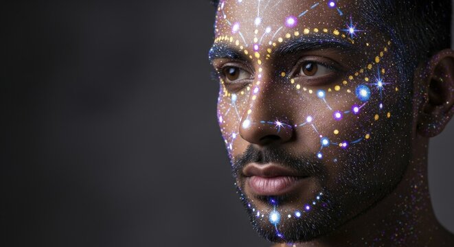 man with glowing constellation star map face paint portrait