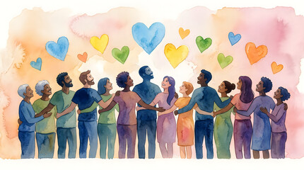 Obraz premium Watercolor painting of diverse group of people embracing with floating heart