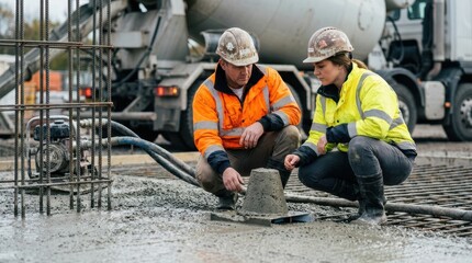 Fototapeta premium Construction engineers testing low-carbon concrete beside a slump cone, rebar cage, screed, and ready-mix truck on a modern building site
