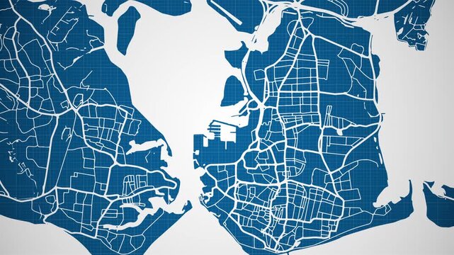 Ink reveal animation of Portsmouth city, Hampshire, England, United Kingdom, grid map. Aerial top view. Blueprint style. White lines with blue background. 4K Seamless loop.