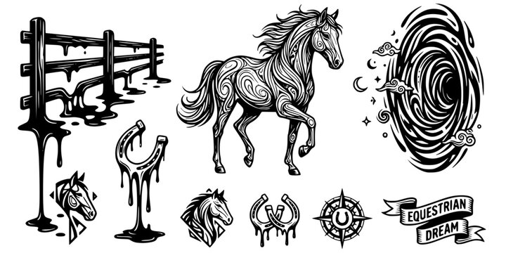 Equestrian Dreamscape Surreal Black White-Melting Fence Horseshoe Float Portal-Surreal Horse Vector-Dream Icon Surreal-Equestrian Design Set