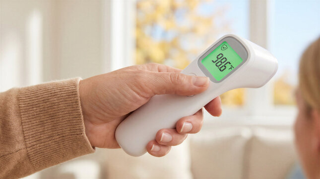 Hand holding contactless infrared thermometer showing normal body temperature 98.6 F in modern office environment