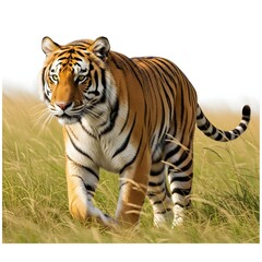 Obraz premium Majestic tiger walking through tall grass. Large wild cat prowling in the savanna habitat.