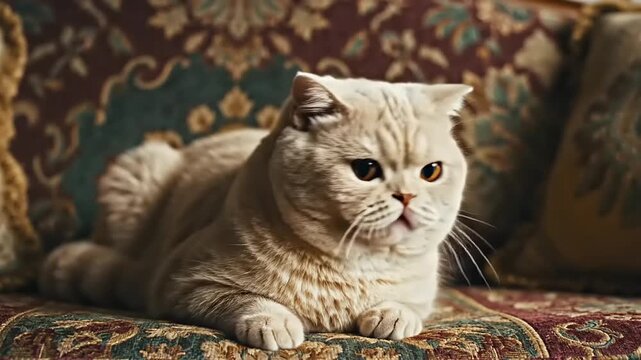 Adorable British Shorthair cat relaxing on a patterned sofa, looking around with curiosity and charm.