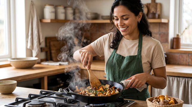 woman cooking mushrooms in pan with steam
