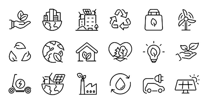 Green city Web Icon Set in Line Style. Related to renewable energy, autonomous building, air and water quality, zero waste, environmental. Vector illustration.