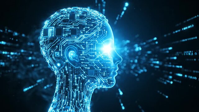Glowing blue digital human head representing artificial intelligence profile.