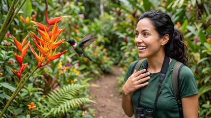 Fototapeta premium Woman watching hummingbird feed on tropical flower
