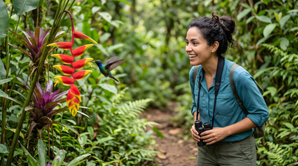 Obraz premium Woman watching hummingbird in lush rainforest nature