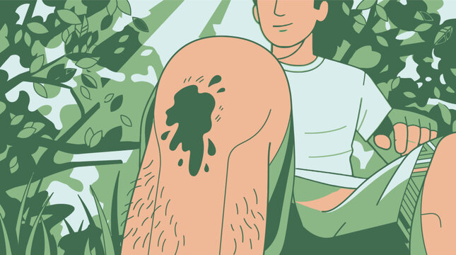 Ein junger Mann sitzt im Freien in der Natur, mit einem Fleck auf seinem Knie, umgeben von gr&uuml;nem Laub.