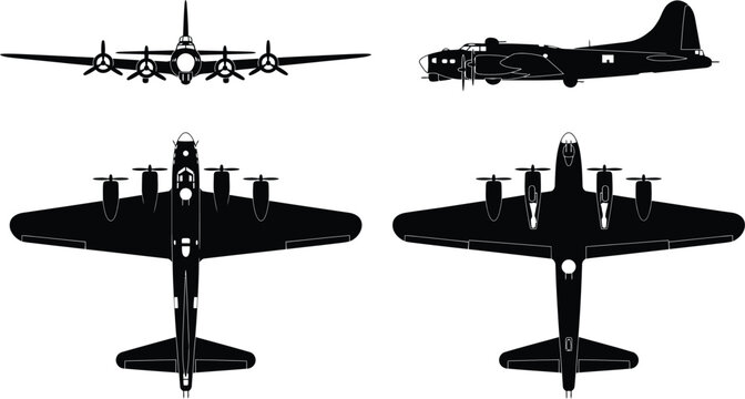 B-17 Flying Fortress WWII Bomber Silhouette Views Vector Aircraft Technical Blueprint Diagram