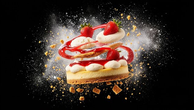 Luxury strawberry cheesecake dessert layers exploding in mid air crumb cloud poster