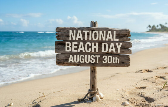 National Beach Day August 30th Wooden Sign on Tropical Beach