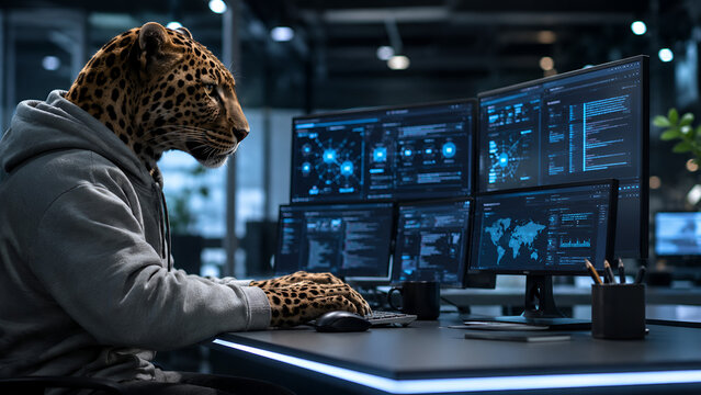 Leopard analyst working in futuristic cybersecurity operations center