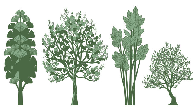 Eine Sammlung von vier verschiedenen gr&uuml;nen Baum-Silhouetten in flachem Design, isoliert auf wei&szlig;em Hintergrund, ideal f&uuml;r architektonische Visualisierungen und Landschaftsgestaltung.