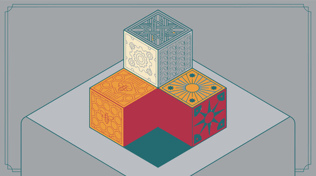 Eine isometrische Illustration mit drei bunten, gemusterten W&uuml;rfeln, die auf einer quadratischen Plattform in einem minimalistischen, flachen Design-Stil angeordnet sind.