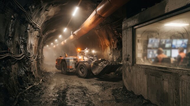 Autonomous loader in an underground mine tunnel with rock bolts, ventilation ducting, LED lights, dust, and remote control cabin.
