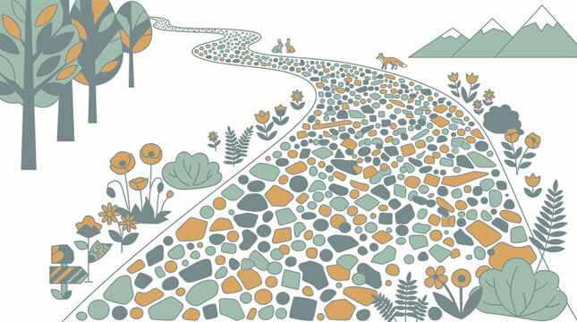 Eine flache, stilisierte Illustration eines gewundenen Steinwegs, der durch eine friedliche Landschaft mit B&auml;umen, Blumen, Bergen und kleinen Tieren in einer sanften Farbpalette f&uuml;hrt.