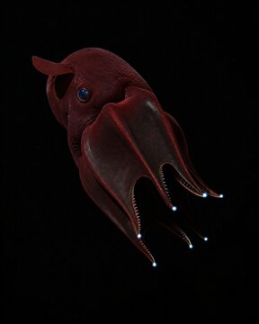 Vampire squid curled defensively in the lightless deep ocean