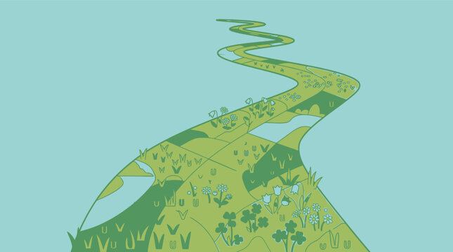 Eine stilisierte, flache Illustration eines gewundenen Pfades durch eine gr&uuml;ne Wiesenlandschaft mit verschiedenen Pflanzenmustern auf einem hellblauen Hintergrund.