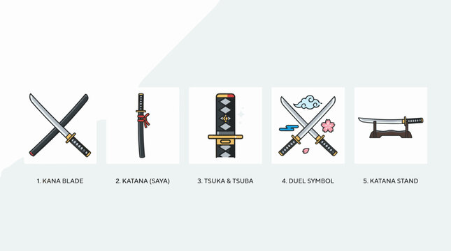 Set of Traditional Japanese Samurai Katana Sword Icons