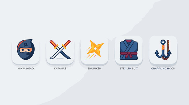 Set of Ninja Warrior Equipment and Accessory Icons