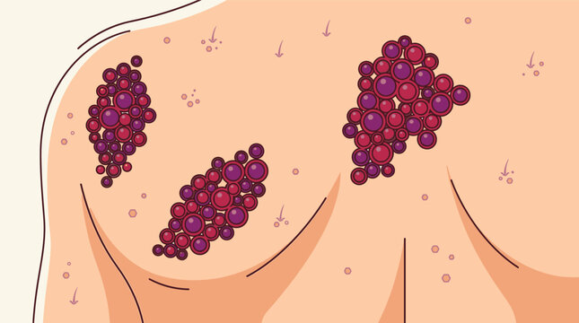 Darstellung von Hautausschlag mit roten und violetten Beulen auf der R&uuml;ckseite einer Person, die medizinische Hauterkrankungen symbolisiert.
