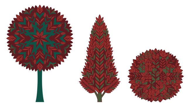 Drei stilisierte B&auml;ume mit komplexen geometrischen Blattmustern in herbstlichen Rot- und Gr&uuml;nt&ouml;nen auf einem isolierten wei&szlig;en Hintergrund f&uuml;r grafische Designs.