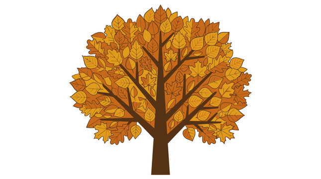 Eine stilisierte Illustration eines herbstlichen Baumes mit leuchtend gelben und orangen Bl&auml;ttern auf einem schlichten wei&szlig;en Hintergrund f&uuml;r saisonale Designs