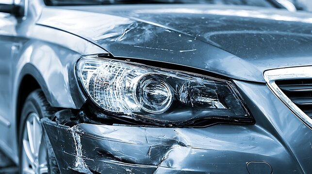 Damaged front bumper of a gray car after a road accident. Used for auto insurance claim and vehicle repair concept.