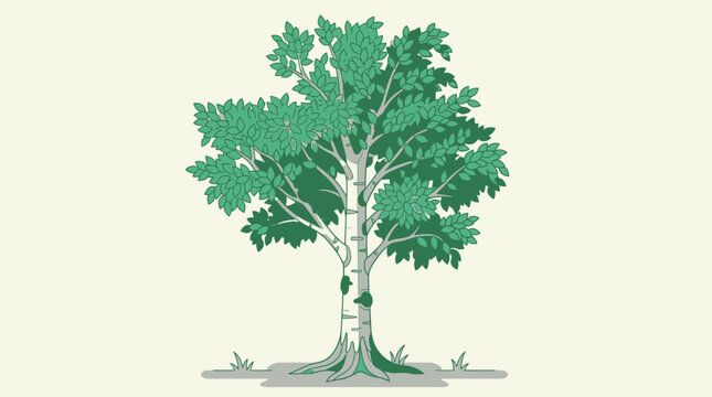 Eine stilisierte Illustration einer Birke mit gr&uuml;nem Bl&auml;tterdach und charakteristischem wei&szlig;em Stamm, isoliert auf einem hellen, cremefarbenen Hintergrund f&uuml;r grafische Designs.