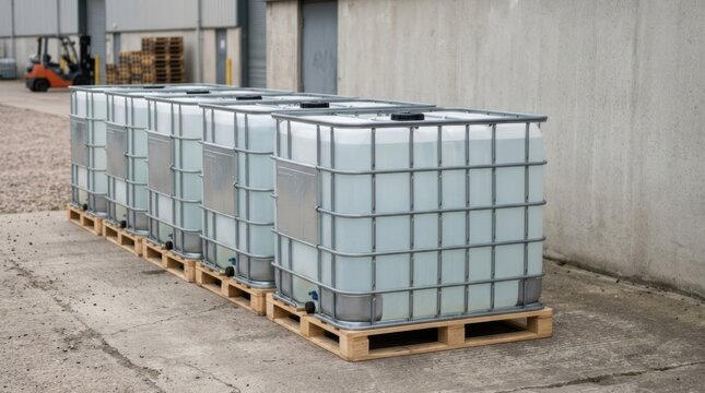 Row of clear IBC tote containers filled with liquid on wooden pallets outside industrial building, commercial storage solution