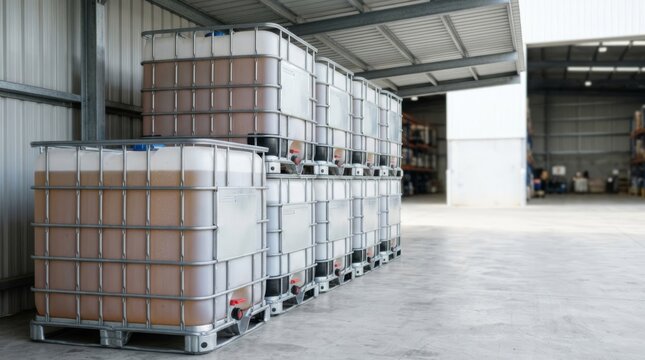Bulk liquid storage containers neatly stacked in a modern warehouse, industrial logistics and supply chain solution