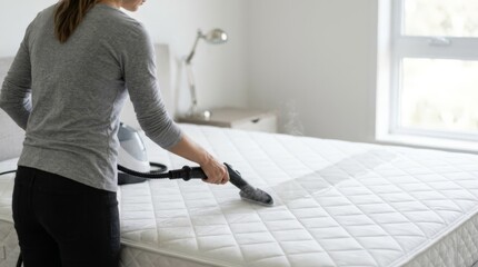 Obraz premium Woman steam cleaning a mattress with a handheld steamer in a bright bedroom, promoting hygiene and cleanliness