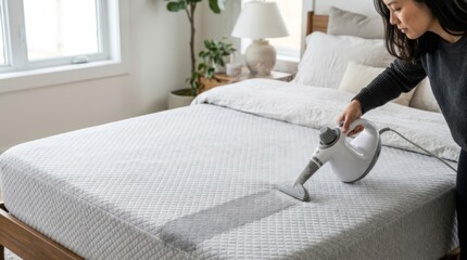 Obraz premium Woman sanitizing mattress with handheld steam cleaner, creating a moist trail for hygiene and home care
