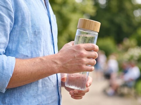 Man holding a reusable glass water bottle in a park setting