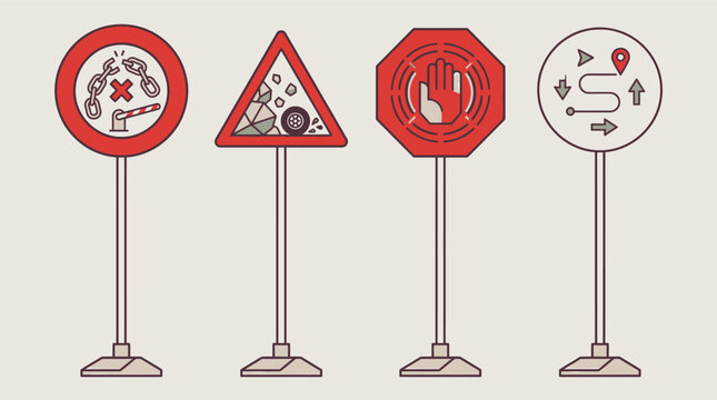 Eine Sammlung von vier stilisierten Verkehrsschildern mit grafischen Symbolen f&uuml;r Barrieren, Steinschlag, Stopp-Handzeichen und Wegbeschreibungen auf einem hellen Hintergrund.