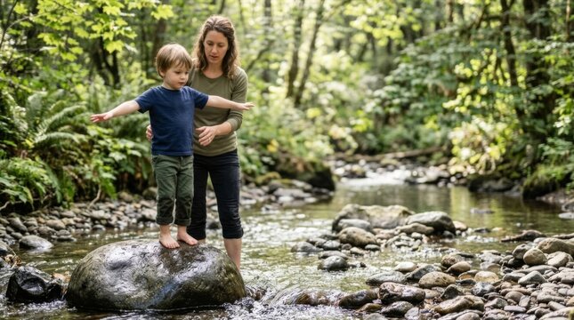 Child balances on wet stone in shallow stream while parent spots, promoting outdoor adventure and safety