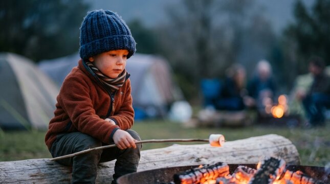 Young boy in beanie roasting marshmallow over campfire at twilight campsite, face lit by warm firelight, outdoor family portrait