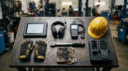 Fototapeta premium Rugged tablet, wireless headset, diagnostic scanner, gloves, torque wrench, sensor module, and hard hat on a steel workbench.