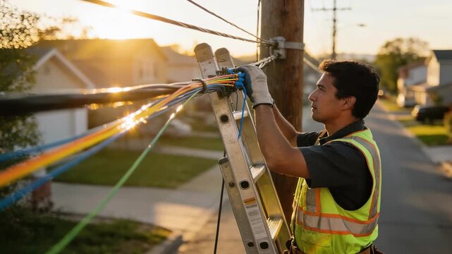 Fiberoptic installer on a ladder tightening aerial drops along a residential street the homes in the background softly out of focus to draw attention to the cables.