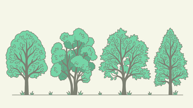 Eine Sammlung von vier stilisierten B&auml;umen in einer flachen Vektorillustration mit gr&uuml;nen Baumkronen und braunen St&auml;mmen auf einem hellen Hintergrund f&uuml;r Designprojekte.
