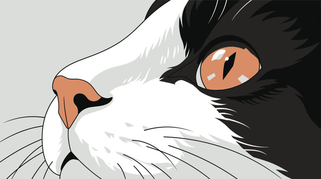 Nahaufnahme einer schwarz-wei&szlig;en Hauskatze mit leuchtend bernsteinfarbenen Augen in einer stilisierten, grafischen Vektorillustration mit klaren Konturen.