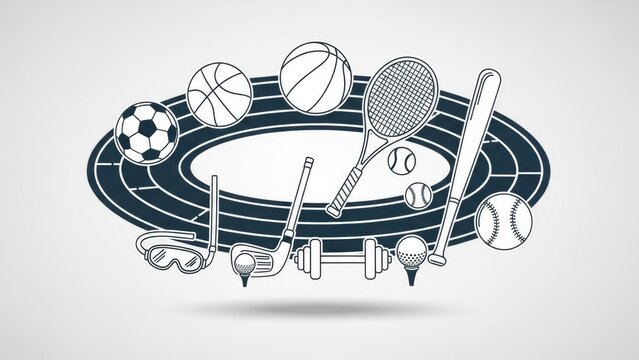 Sports equipment graphic; oval track background, light gray